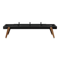 Modern black coffee table with natural wood legs and clear glass top, featuring minimalist design and sleek lines.