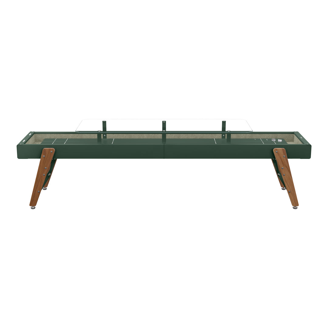 Green and wood coffee table with a glass top and sleek modern design, featuring a soft beige interior pattern.