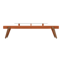 Modern orange coffee table with sleek glass top and natural wood legs for a stylish contrast. Perfect for contemporary spaces.