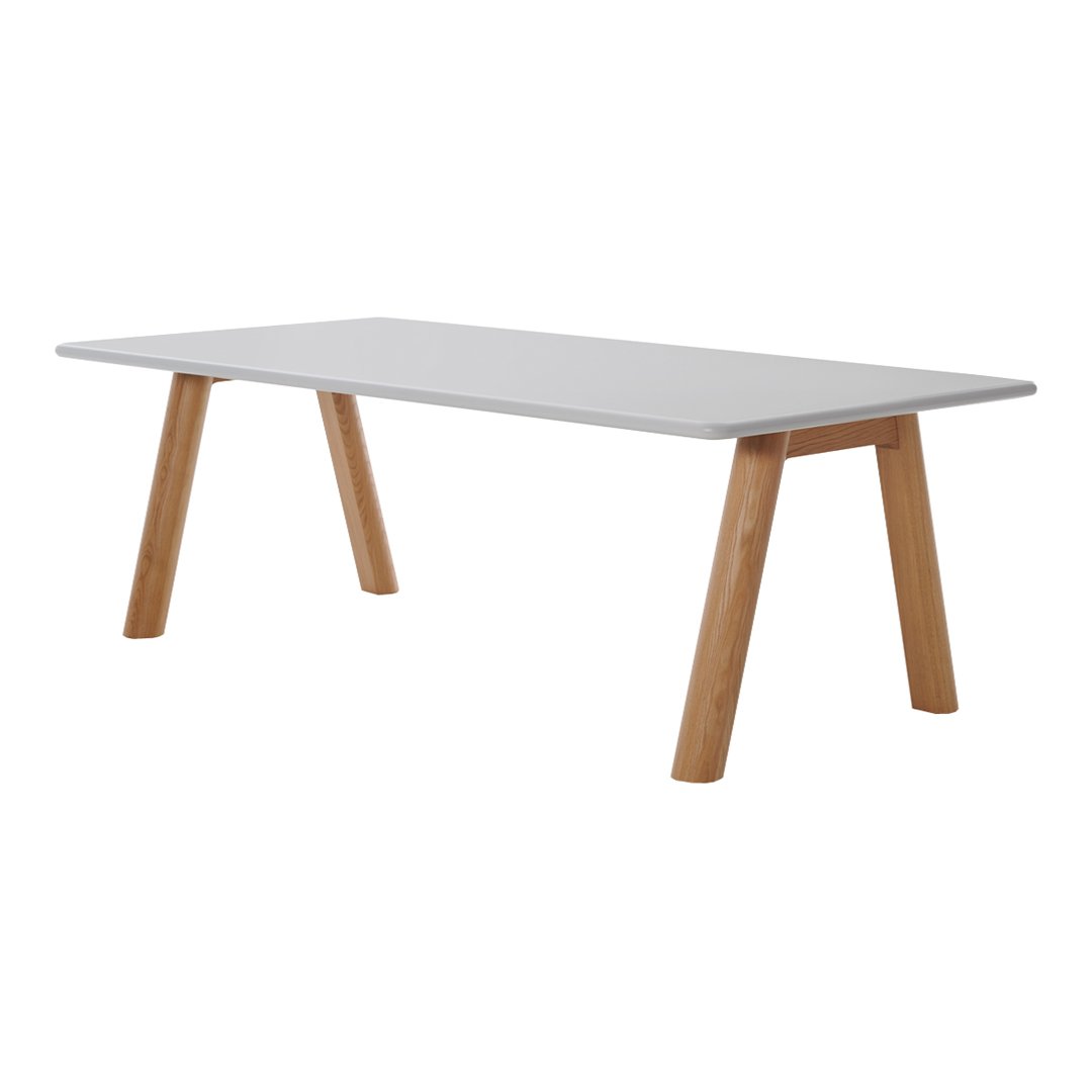 Modern white tabletop with natural wooden legs, featuring a sleek and minimalistic design. Perfect for contemporary spaces.