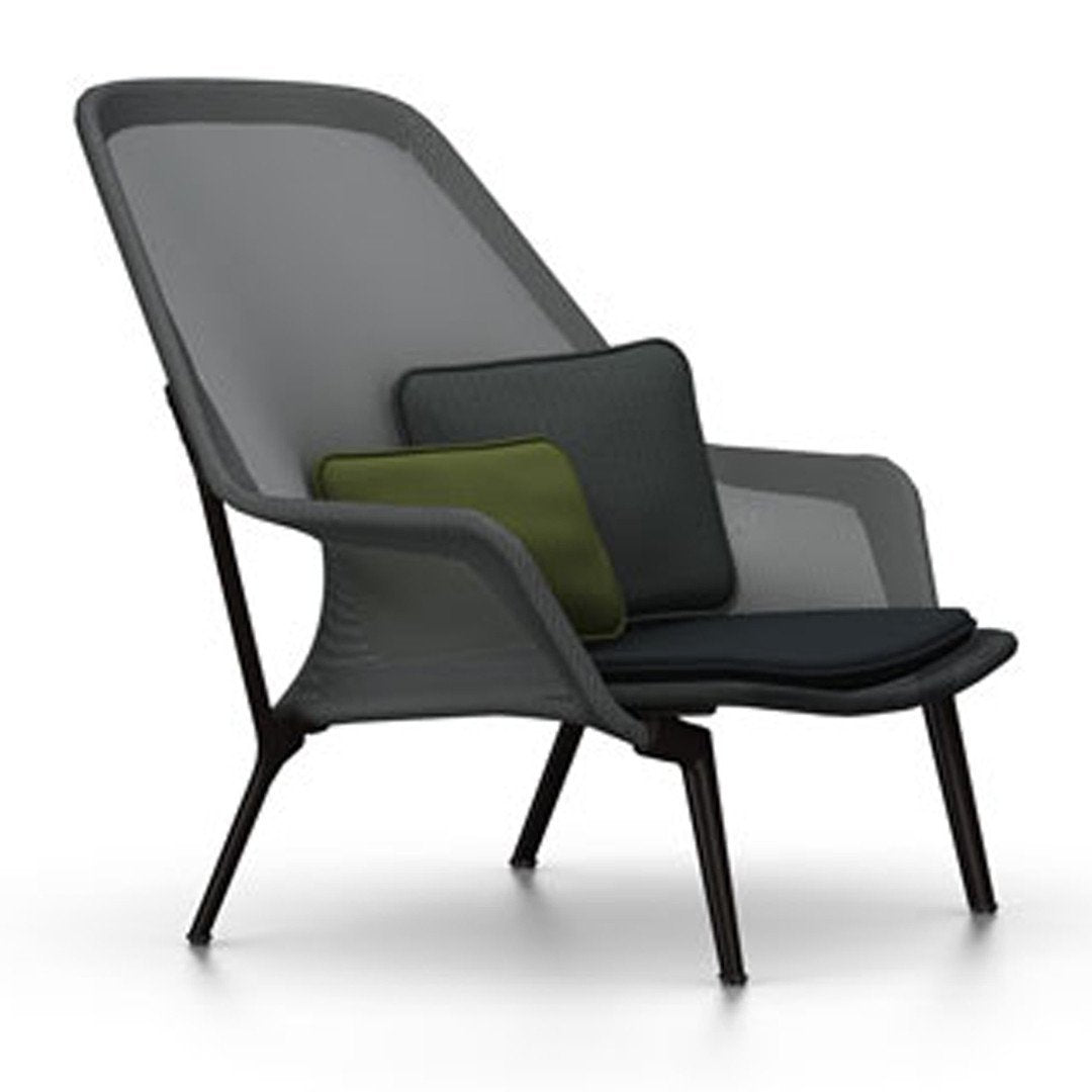 Modern chair with a sleek gray mesh design, featuring dark green and black cushions for a stylish look.