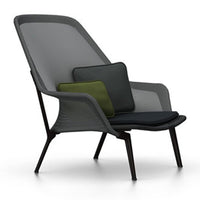 Modern chair with a sleek gray mesh design, featuring dark green and black cushions for a stylish look.