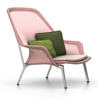 Stylish pink chair with soft cushions in green and blue, featuring a minimalist design and sleek metal legs.