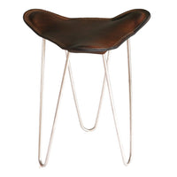 Brown leather stool with a unique shape and sleek silver metal legs, perfect for modern decor.