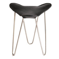Black leather stool with a unique curved shape and sleek silver metal legs, adding modern elegance to any space.