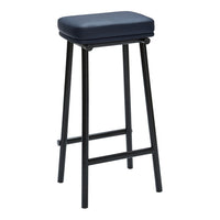 Navy blue padded bar stool with a sleek black metal frame, featuring a minimalist design and contemporary style.