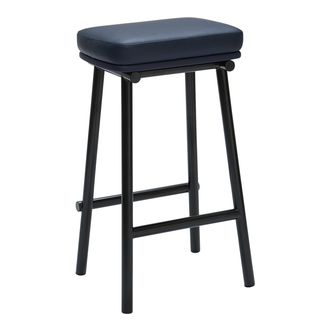Navy blue padded stool with a sleek black metal frame, featuring a minimalist design and smooth surfaces.