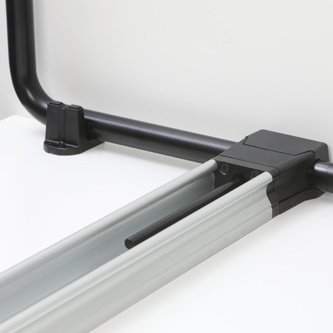 Black and silver aluminum frame with a sleek, modern design. Smooth, matte finish on black components.
