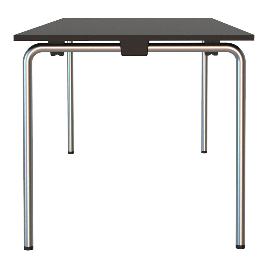 Black tabletop with sleek silver metal legs, featuring a modern, minimalist design and smooth surfaces.