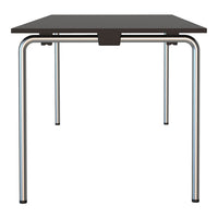 Modern black tabletop with sleek silver metal legs, featuring a minimalist design and clean lines.