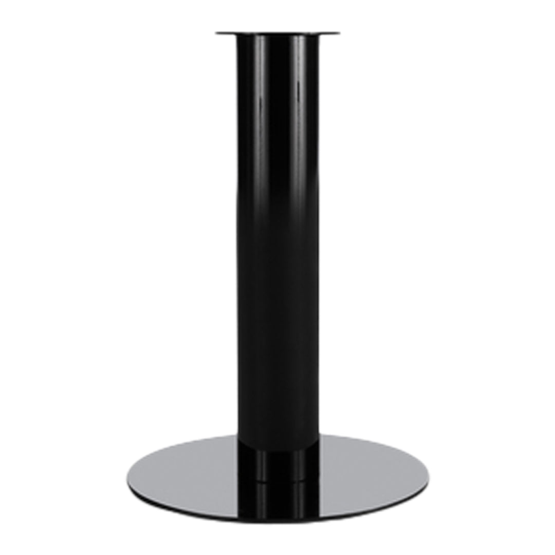 Glossy black round table base with a sleek cylindrical support and modern design. Perfect for contemporary decor.
