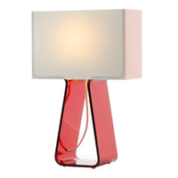 Stylish red lamp with a sleek, modern clear shade and smooth geometric design, perfect for contemporary decor.