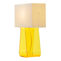 Yellow and transparent lamp base with a white square shade, showcasing a modern and vibrant design.
