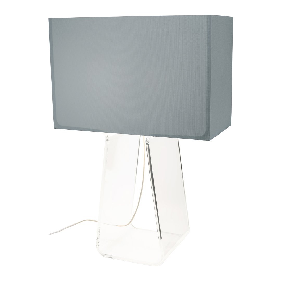 Modern gray lampshade atop a clear acrylic base, featuring a sleek, minimalist design. Ideal for contemporary decor.