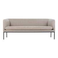 Light beige upholstered sofa with a smooth texture and minimalist black metal legs.