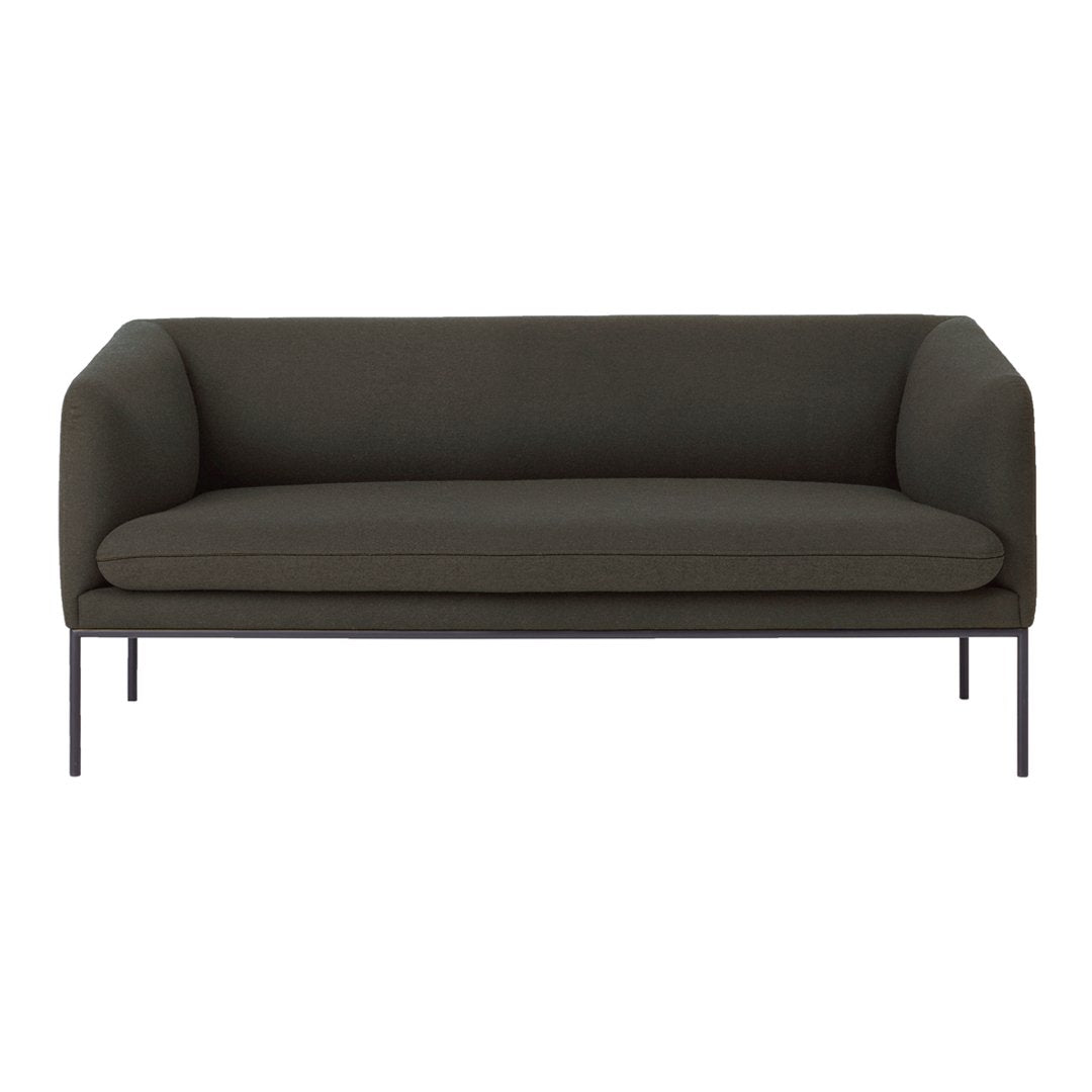 Dark green fabric couch with a minimalist design and smooth, solid patterns; black metal legs for a modern touch.
