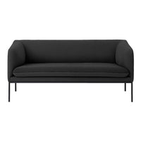 Sleek black fabric sofa with smooth, solid gray cushions and minimalistic black metal legs. Perfect for modern decor.