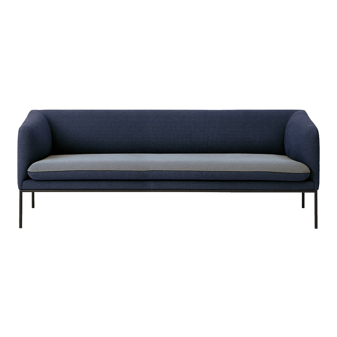 Navy blue fabric sofa with a light gray seat cushion and sleek black metal legs, offering a modern minimalist design.