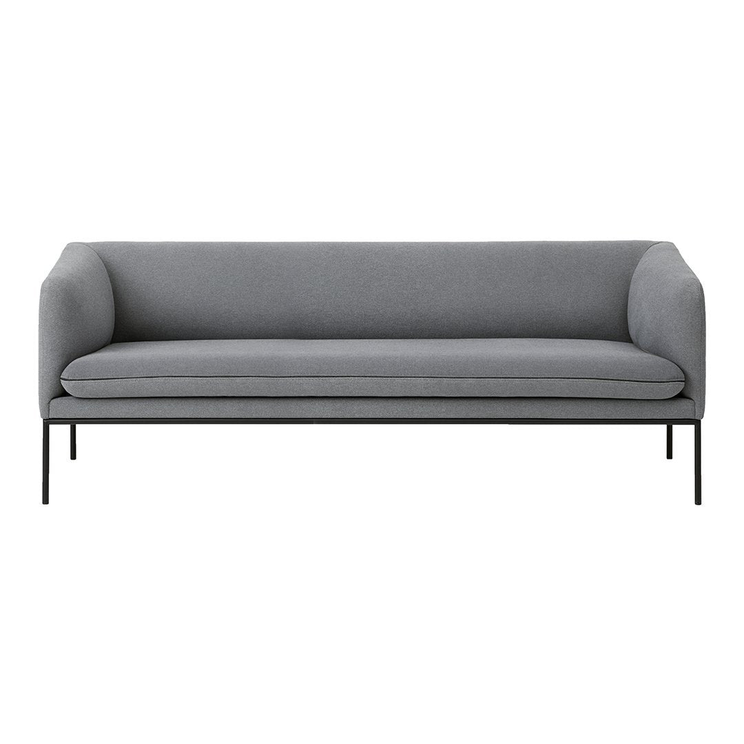 Modern gray sofa with simple lines and a sleek black metal frame, perfect for any contemporary living space.