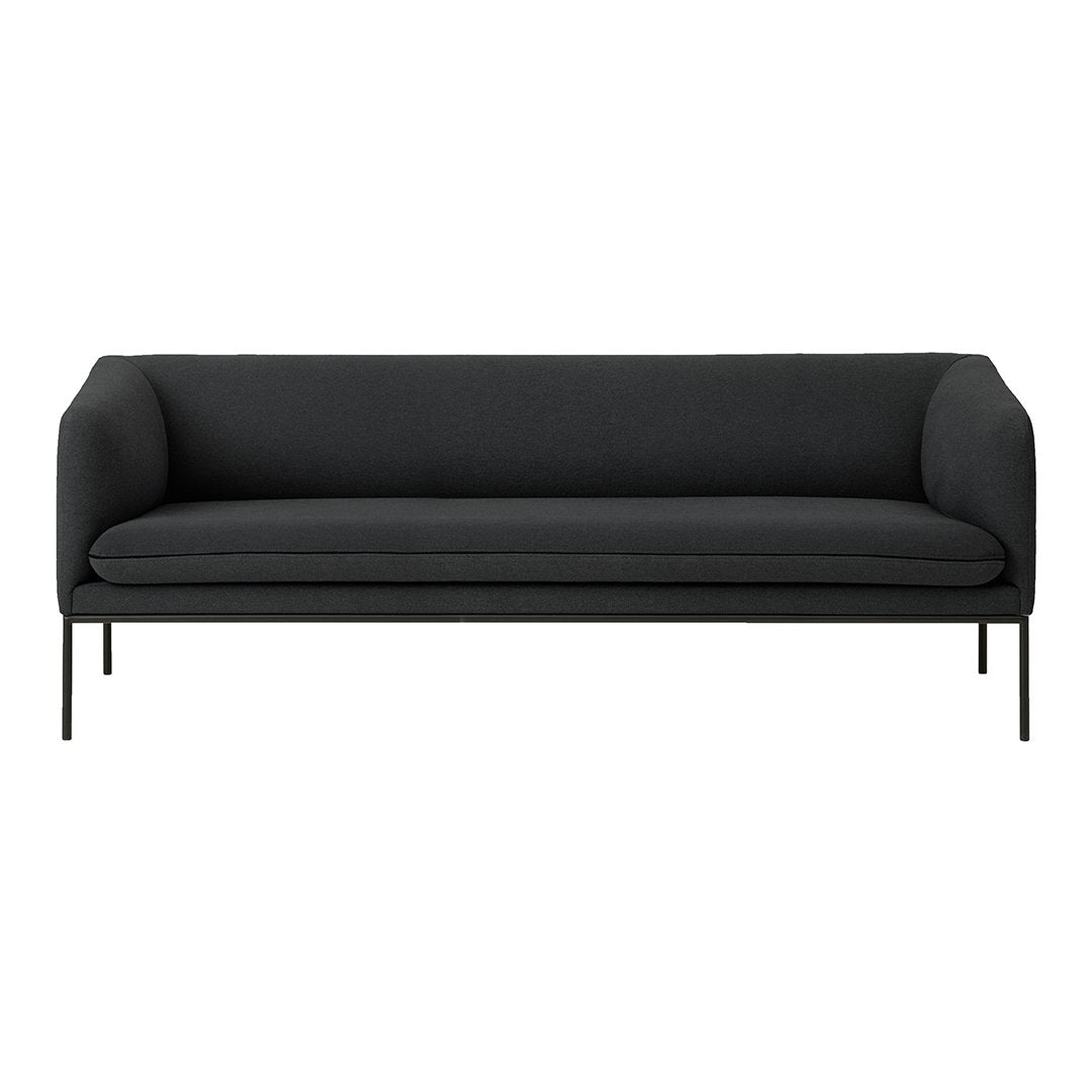 Sleek black sofa with minimalist design and smooth fabric upholstery, supported by slender black metal legs.