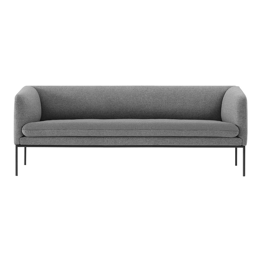Gray modern sofa with smooth fabric and minimalist design, featuring a sleek black metal frame.