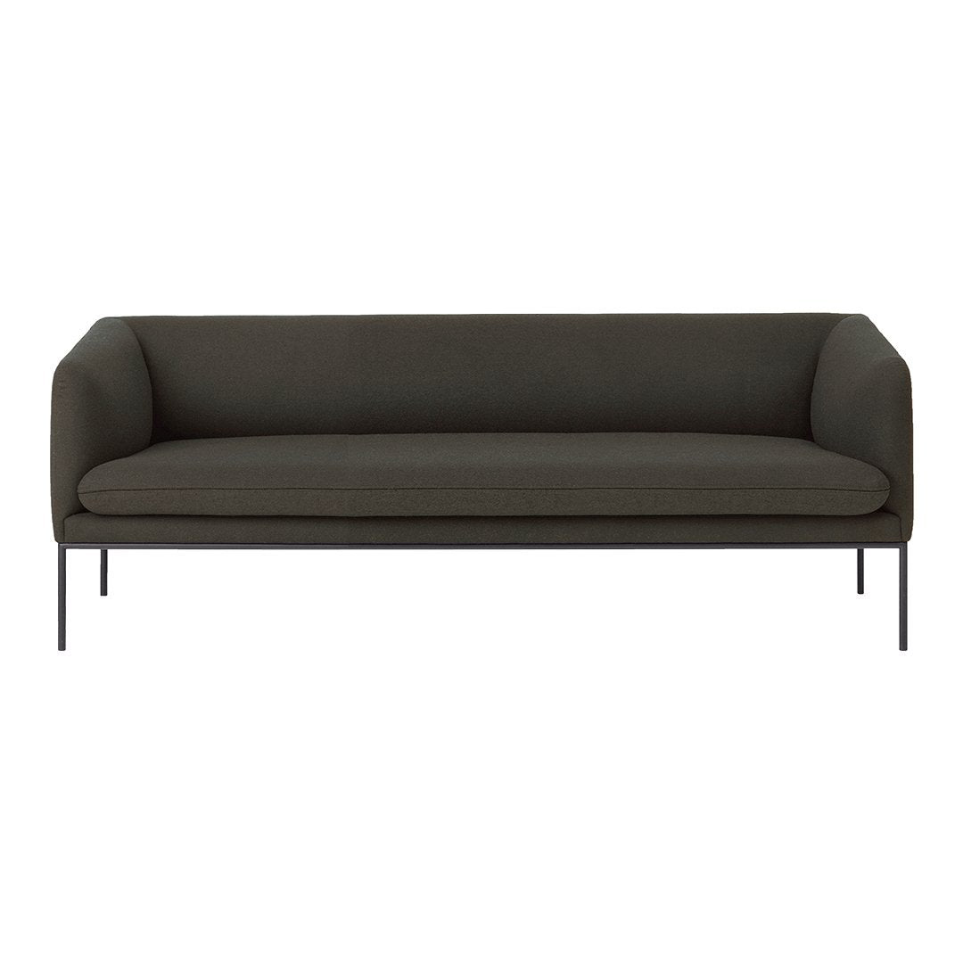 Sleek dark green sofa with a minimalist design and solid color upholstery, featuring black metal legs. Perfect for modern interiors.