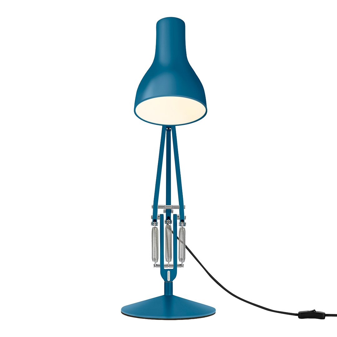 Blue metal lamp with a sleek, modern design and a smooth finish, featuring a minimalistic style and subtle textures.