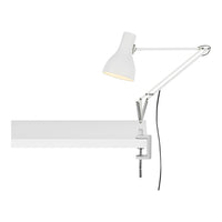 White clamp lamp with a sleek, minimalist design and a light gray arm. Modern styling for versatile decor.