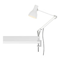 White adjustable desk lamp with sleek lines and a minimalist design, featuring a simple metallic clamp.