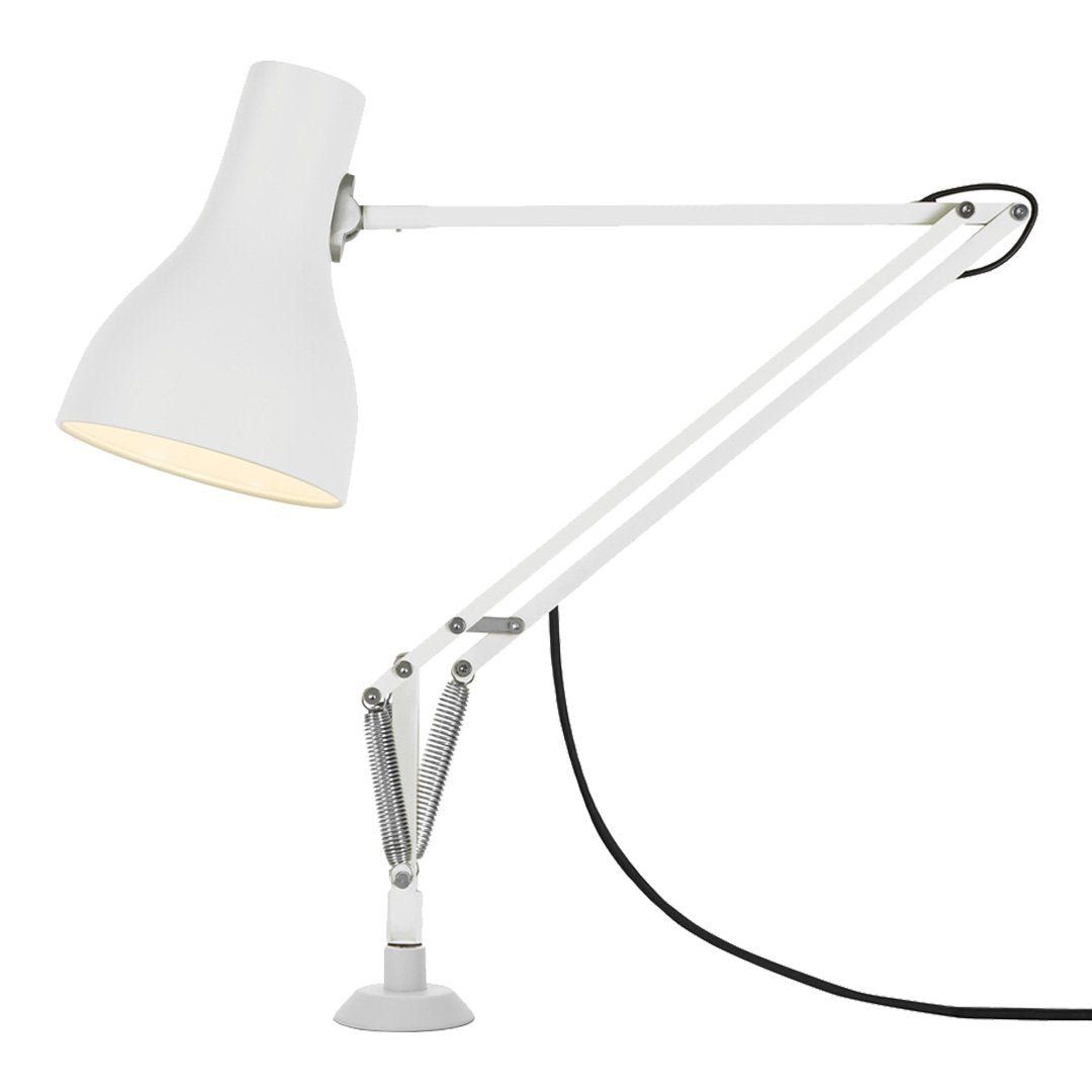 White adjustable desk lamp with sleek metallic accents and a minimalist design. Perfect for modern decor.