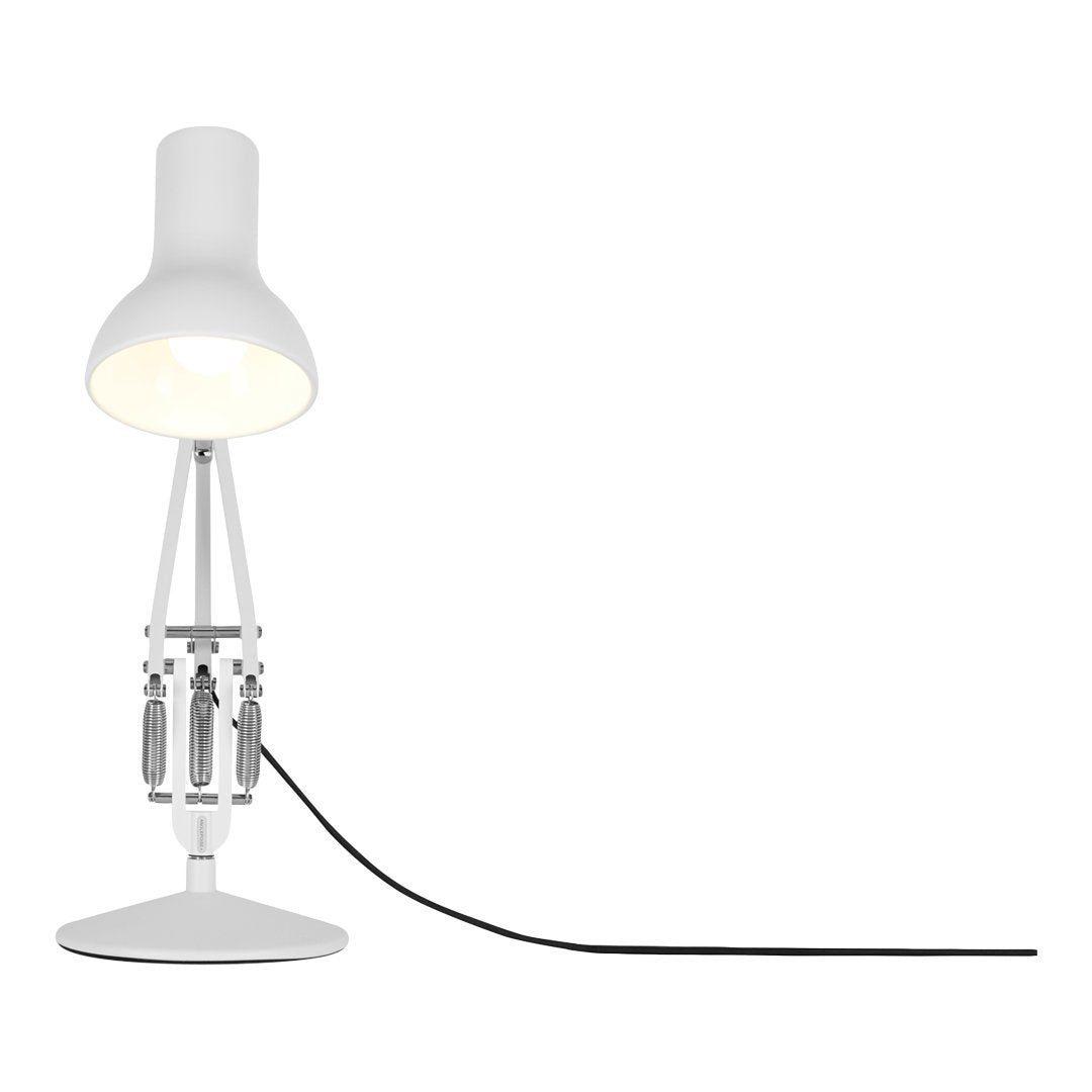 Modern white table lamp with a sleek design, featuring a matte finish and a black electrical cord.