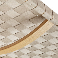 Beige woven fabric pattern with a light wooden frame, featuring checkerboard design and smooth lines.