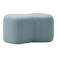 Textured light blue ottoman with a modern, organic shape and subtle horizontal stripes. Ideal for contemporary decor.
