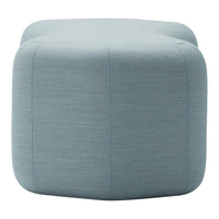 Light blue tufted ottoman with a textured fabric pattern, perfect for modern decor.
