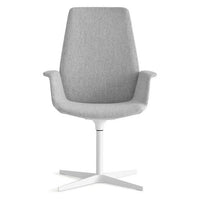 Gray upholstered office chair with a sleek design and white base, featuring a minimalist and modern aesthetic.