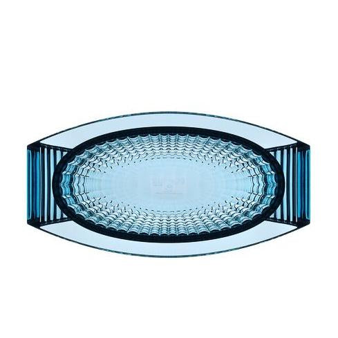 Textured blue glass serving dish with an oval shape and geometric cut patterns, perfect for elegant table settings.