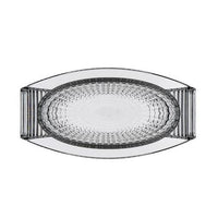 Clear glass oval platter with textured diamond pattern and sleek, modern edges. Elegant design for any table setting.