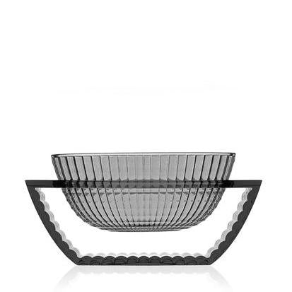 Stylish black and clear glass bowl featuring ribbed texture and a wavy, scalloped base design. Elegant and modern.