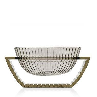 Textured clear glass bowl with a scalloped gold base, featuring vertical lines for an elegant design.