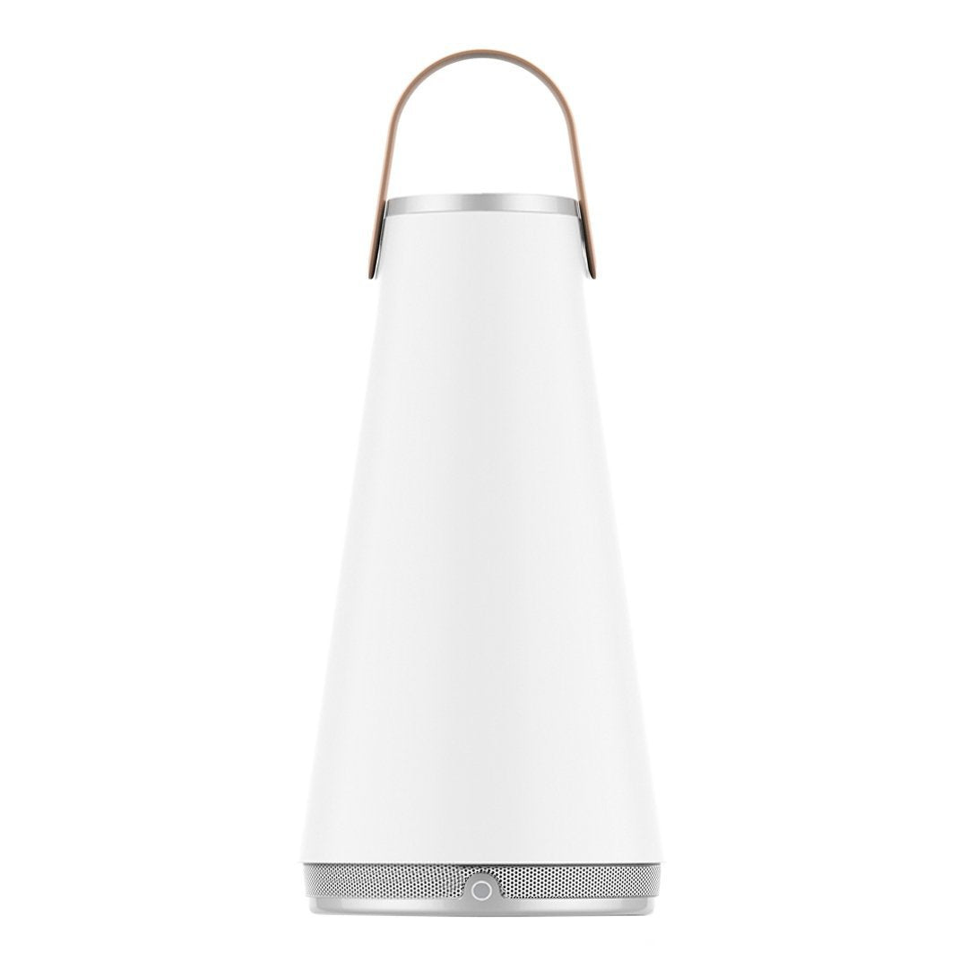 White cone-shaped lamp with wooden handle and silver base, featuring a sleek, modern design perfect for any decor.