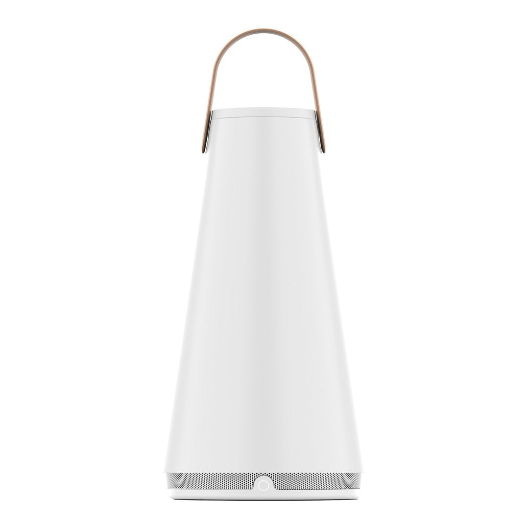 White cone-shaped lantern with a natural leather handle and subtle gray base. Modern design with a minimalist aesthetic.