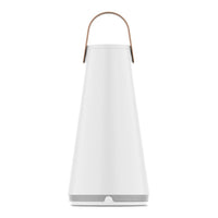 White cone-shaped lantern with a natural leather handle and subtle gray base. Modern design with a minimalist aesthetic.