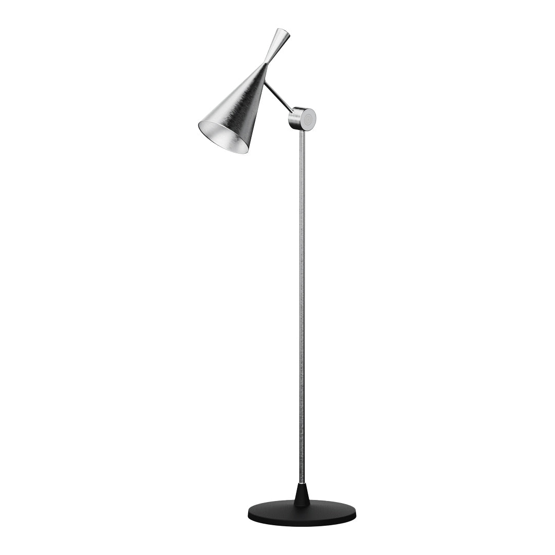 Sleek silver and black floor lamp with a modern cone-shaped shade and adjustable arm for versatile lighting.
