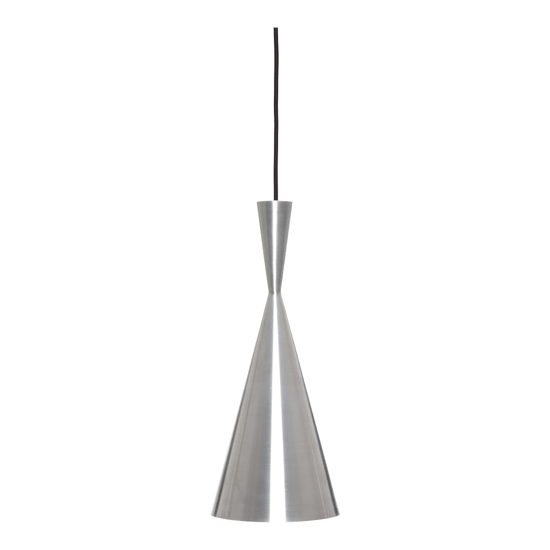 Sleek silver pendant light with a minimalist cone design and matte finish, hanging from a black cord.