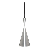 Sleek silver pendant light with a minimalist cone design and matte finish, hanging from a black cord.