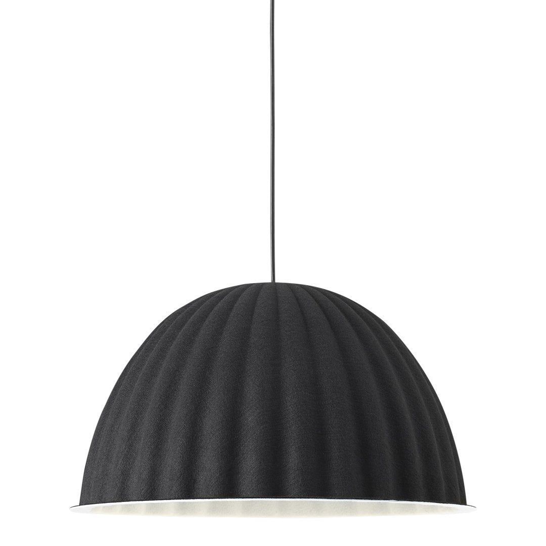 Black ribbed dome pendant lamp with a matte finish and contrasting white interior, perfect for modern interiors.