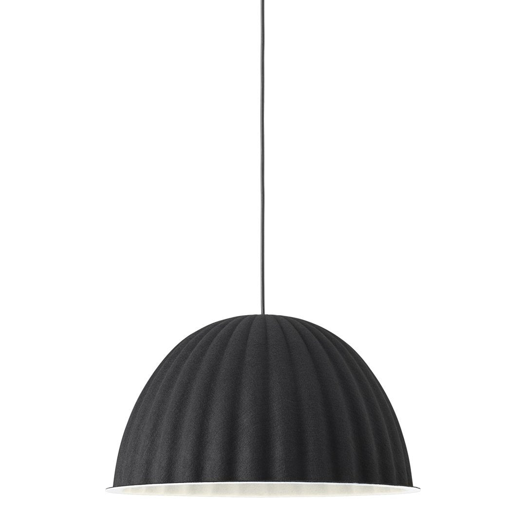 Black ribbed pendant lamp with a smooth white interior, ideal for modern decor.
