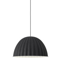 Black ribbed pendant lamp with a smooth white interior, ideal for modern decor.
