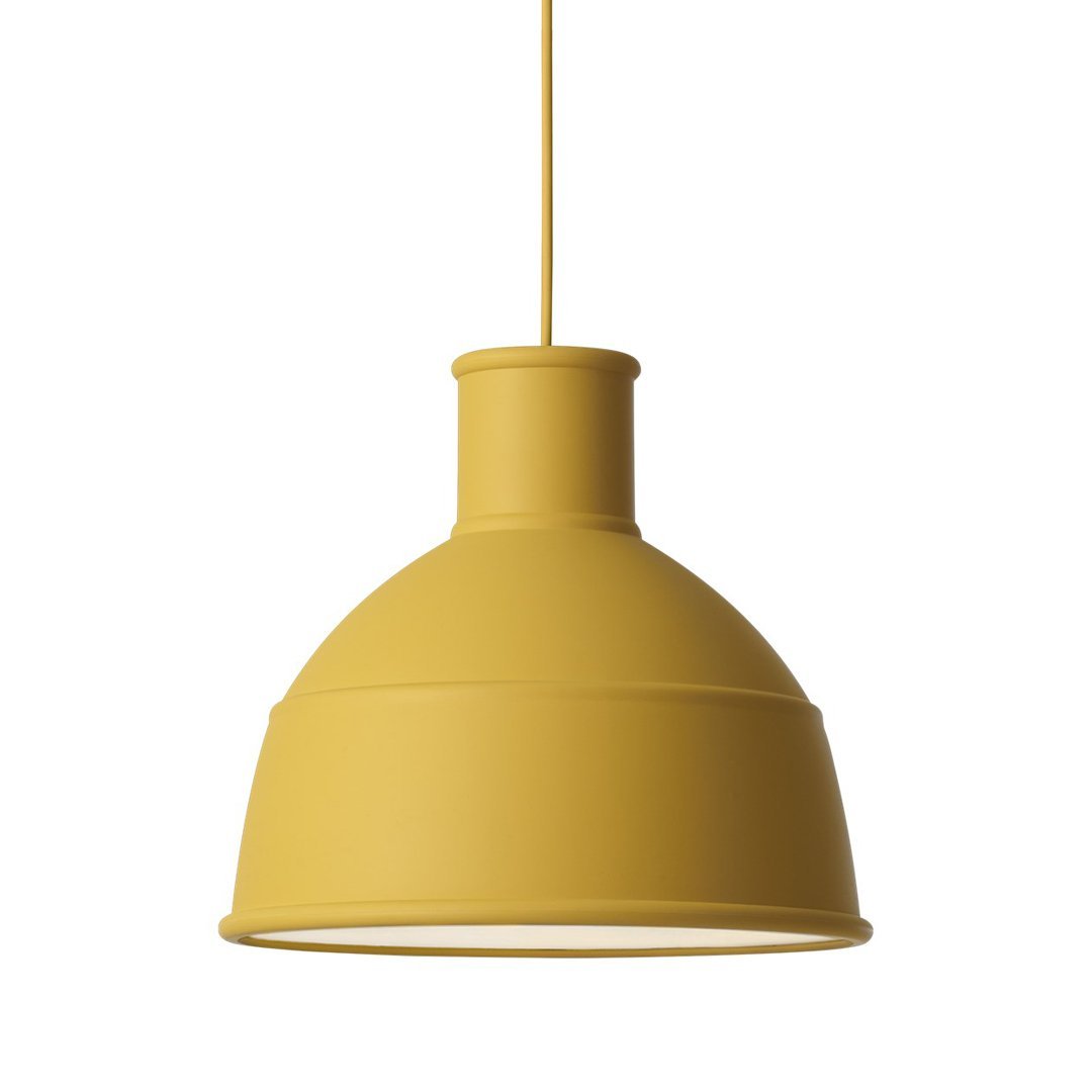 Yellow hanging lamp with a smooth, matte finish and a rounded shape, perfect for modern decor.