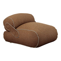 Brown upholstered lounge chair with gray piping, featuring a smooth, textured finish and modern, streamlined design.